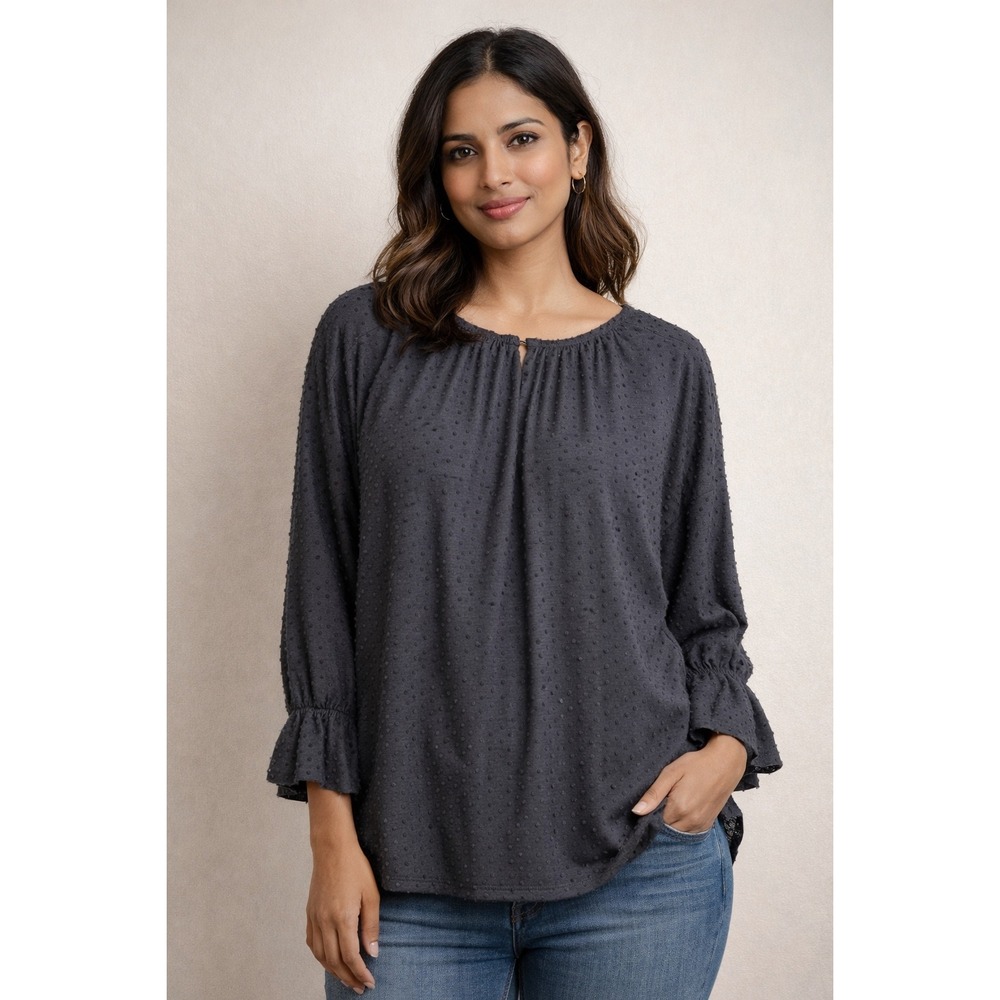 Lucky Brand Womens Navy Blue Clip Dot Ruffle Sleeve Blouse XL 7W65709